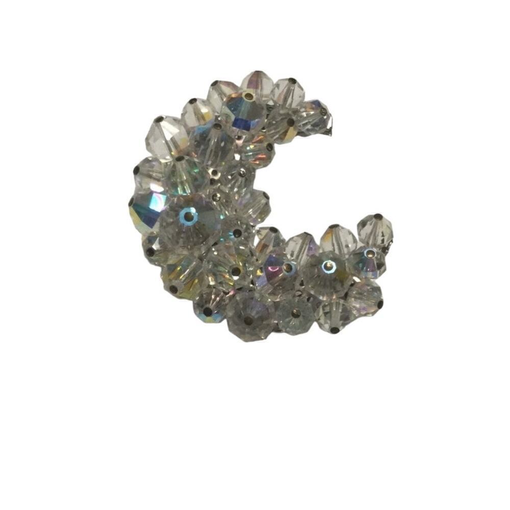 Vtg Glass bead brooch pin half moon crescent silver celestial astrology Islam 2" - Picture 2 of 9